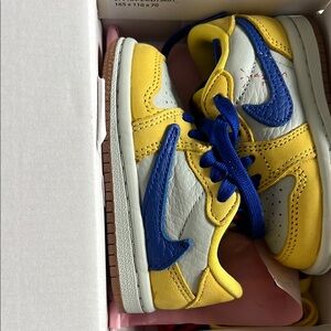 Jordan Travis Scott sneakers. Kids Yellow and Blue Sneakers